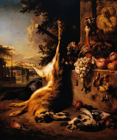 Gibier mort, singe et fruits devant un paysage by Ян Вейникс, 1709 — digital art print download