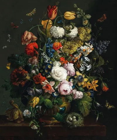 Tulips, daffodils, roses and other flowers in a vase on a stone ledge with butterflies and a bird’s nest by Иоганн Баптист…