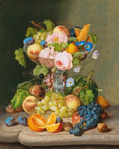 Large Still Life with Flowers and Fruit by Johann Georg Seitz — digital art print download