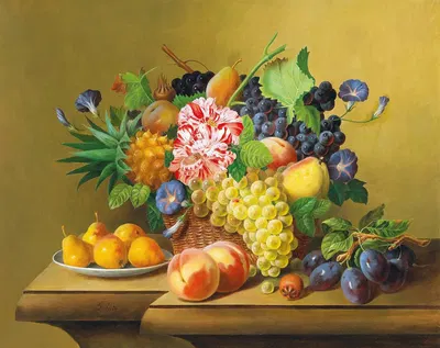 Stillleben mit Früchtekorb und einem Teller mit Birnen by Johann Georg Seitz — digital art print download