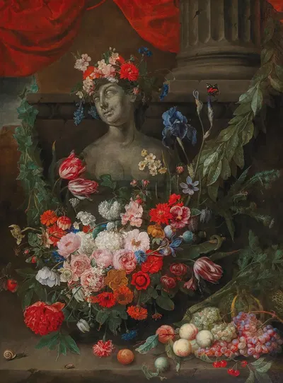 Fruit and flowers surrounding a stone bust of the Goddess Flora by Joris van Son — digital art print download