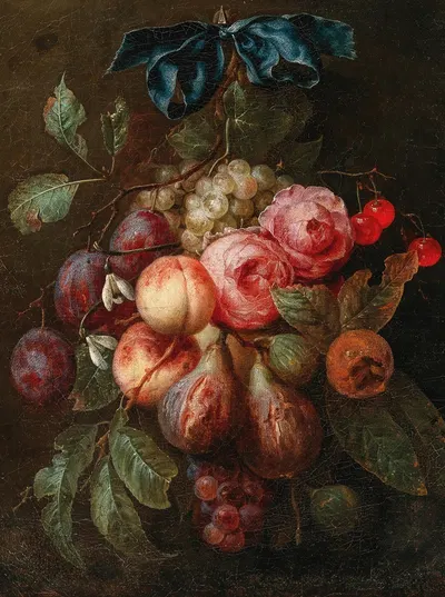 Fruit and flowers hanging from a ribbon by Joris van Son — digital art print download