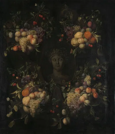 Simulated Sculpted Head of a Woman in a Cartouche Decorated with Swags of Fruit by Joris van Son, 1655 - 1665 — digital art…