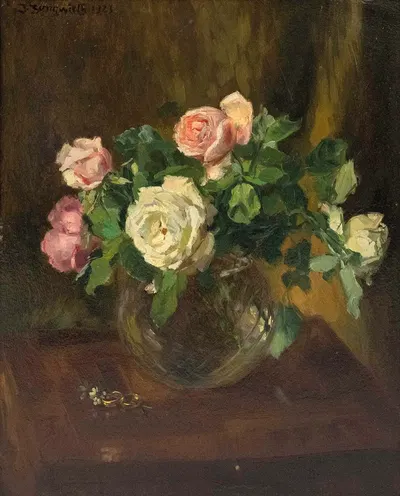 Stillleben mit Rosen in Glasvase und zwei Eheringen by Josef Jungwirth — digital art print download