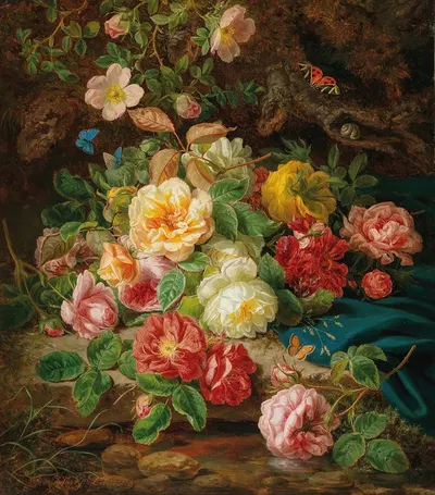 Still Life with Roses and Butterflies by a Brook in a Forest by Josef Lauer — digital art print download