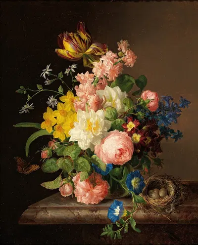 Blumenstrauß mit Vogelnest und Schmetterling by Josef Lauer, 1843 — digital art print download