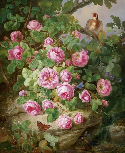 Großes Rosenstillleben mit Schmetterlingen und Vogel by Josef Lauer, 1870 — digital art print download