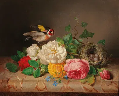 Rosenstück mit Stieglitz und Vogelnest by Josef Lauer — digital art print download