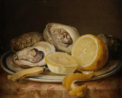 Stillleben mit Austern und Zitrone by Josef Lauer — digital art print download