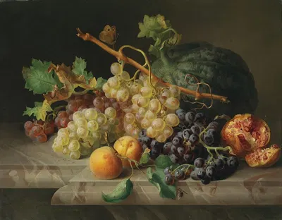 Stillleben mit Granatapfel Weintrauben und Melone by Josef Lauer, 1844 — digital art print download