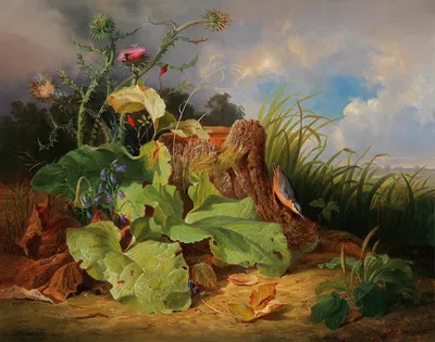 Stillleben mit Stillleben mit Disteln Glockenblumen Hagebutten und einem Kleiber by Josef Schuster — digital art print…
