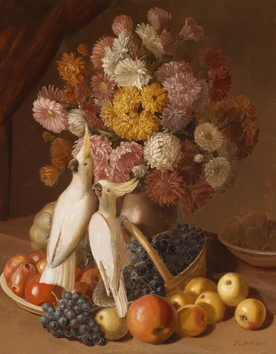 Blumenstillleben mit Früchten und Nymphensittichen by Leopold von Stoll, 1842 — digital art print download