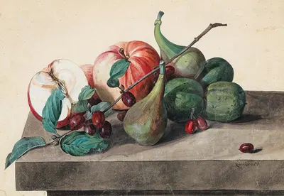 Stillleben mit Äpfeln, Feigen und Cornelkirsche by Leopold Zinnögger, 1852 — digital art print download