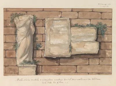 Beschadigd beeld en inscripties gemetseld in muur van kasteel in stad Gozo by Абрахам-Луи-Родольф Дюкрос, 1778 — digital…