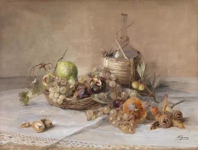 Stilleben mit Obst und Chiantiflasche by Marie Egner — digital art print download