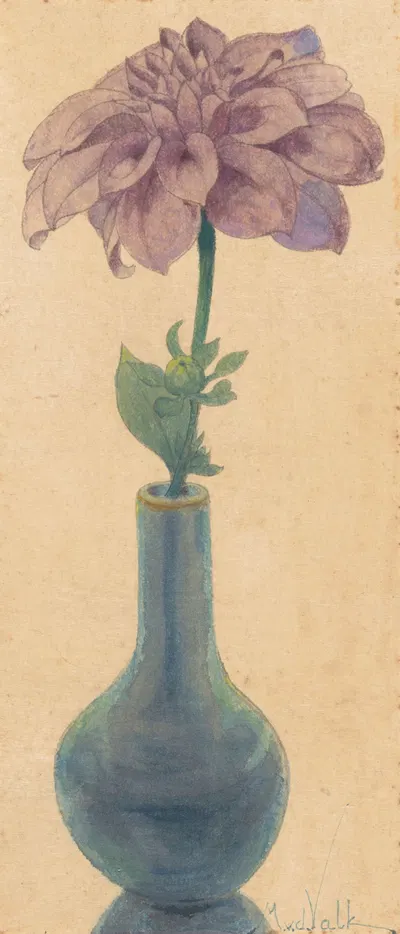 Blauw glazen vaasje met lila Dahlia by Мауриц ван дер Вальк, 1867 - 1935 — digital art print download