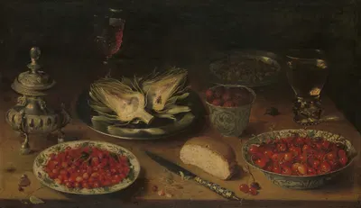 Still Life with Artichoke, Fruit in Kraak Porcelain Ware and a Salt Cellar and Pepper Castor by Osias Beert the Elder —…