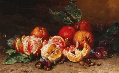 Still Life with Oranges, Plums and Chestnuts by Паль Бём — digital art print download