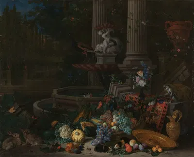 Still Life with Vegetables before a Draped, Overturned Plinth by an Ornamental Fountain by Питер Гейселс, 1680 - 1690 —…