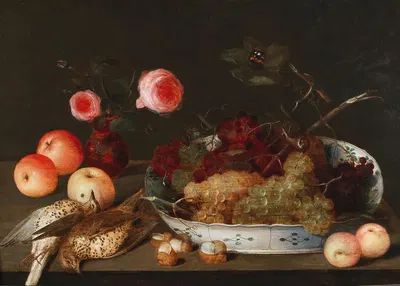 A fruit and flower still life with birds by Peter Binoit — digital art print download