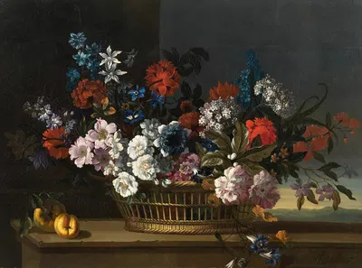 Mixed flowers in a basket beside peaches on a table, a landscape beyond by Pieter Casteels III, 1715 — digital art print…