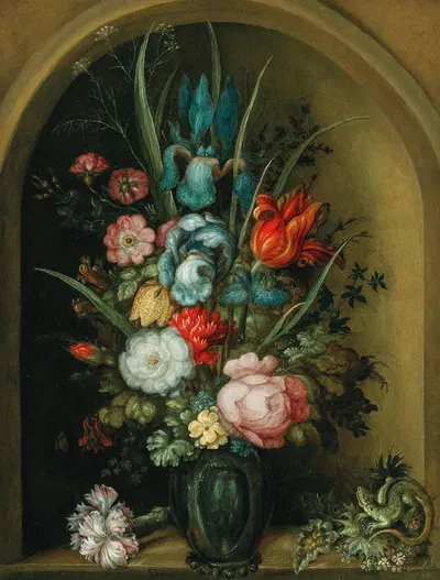Mixed flowers in a glass vase with a lizard nearby by Роелант Савери — digital art print download