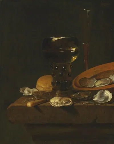 A prunted roemer of sweet wine and red wine in a façon-de-Venise glass, with oysters in an overturned dish and bread, on a…