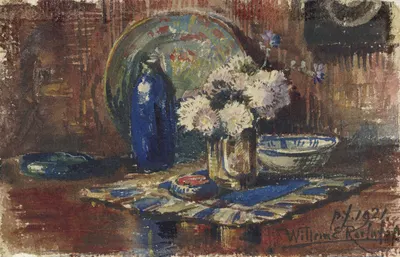 Stilleven met blauwe fles en vaas met bloemen by Willem Roelofs II, 1921 — digital art print download