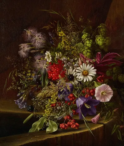 Morning Glory, Daisies, Red Currants and other Fruits and Flowers on a Ledge by Adelheid Dietrich, 1865 — digital art print…