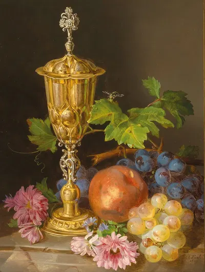 Still Life with Covered Goblet, Grapes, Apples and Asters by Andreas Lach, 1849 — digital art print download
