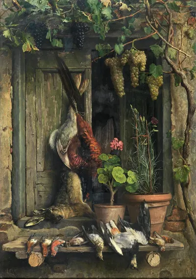 Still Life with Birds, a Hare, Carnations and Geraniums in a Pot under a Vine by Аурелио Зингони — digital art print download