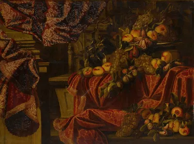 Still life of fruit set on a ledge draped with brocade by Carlo Manieri — digital art print download