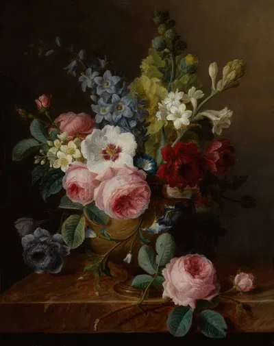 Still life of flowers in a vase on a marble ledge, including roses, hibiscus, bellflowers, hollyhocks, and anenomes by…