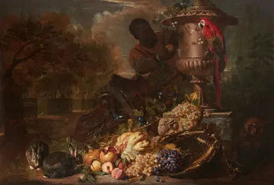 A Still Life of Fruit on a Silver Dish with Figure, Rabbits, Parrot, and Monkey Beneath a Broken Capital and an Ornamental…