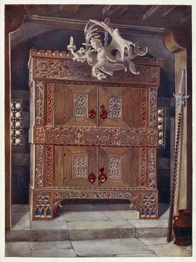 Late Gothic schrank. In the Bavarian Museum, Munich, with hanging light (leuchterweibschen), from Albert Dürer's house at…