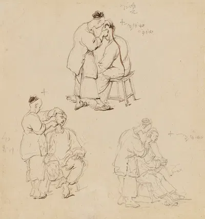 Three studies of a Chinese barber by Джордж Чиннери, 1840 — digital art print download