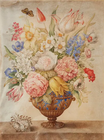 Flowers in a Lapis-Lazuli Vase on a Marble Top with a Conch Shell and a Monarch Butterfly by Giovanna Garzoni — digital art…