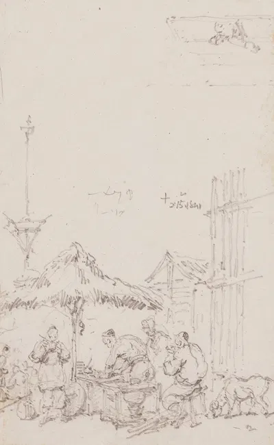 A sketch of a market outside the railings of St. Dominic's Church, Macau by Джордж Чиннери, 1841 — digital art print download