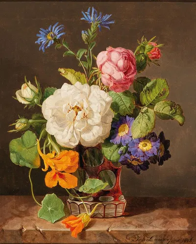 A Bouquet of Flowers with White and Red Roses, Primroses and Nasturtium by Josef Lauer, 1848 — digital art print download