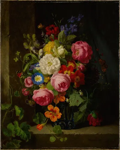 Still Life of Flowers in a Blue Crystal Vase by Josef Lauer — digital art print download