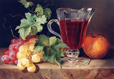 Grapes and a Jug of Wine on a Ledge by Josef Schuster, 1847 — digital art print download