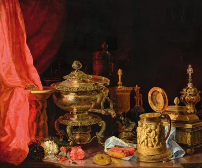 Still Life with Flowers, a Tankard with Figural Decor and Samovar by Йожеф Боршош, 1843 — digital art print download