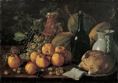 Still Life with Apples, Grapes, Melons, Bread, Jug and Bottle by Luis Meléndez — digital art print download