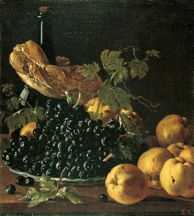 Still Life with Bread, Apples, Grapes and a Bottle by Luis Meléndez — digital art print download