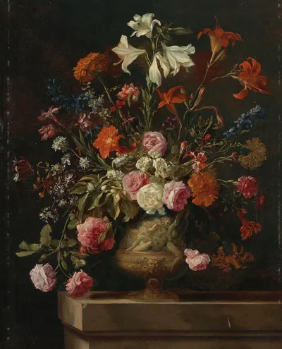 Lilies, carnations, roses, and other flowers in a gilt urn with bas relief, on a stone ledge by Марио Нудзи — digital art…