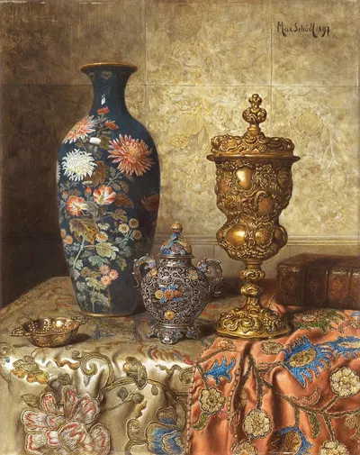 Still Life with Cloisonné Vase, Covered Goblet, Lidded Vase and Tastevin by Max Schödl, 1897 — digital art print download