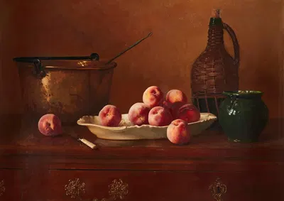 Still Life with Peaches, Brass Pot, Green Jug and Wine Bottle on Commode Top by Milne Ramsey, 1908 — digital art print…
