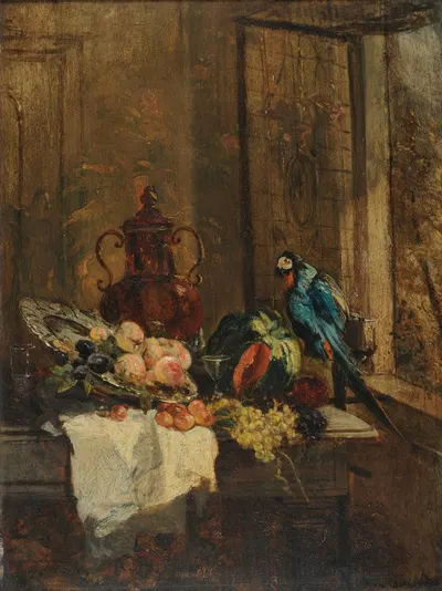Nature morte et perroquet près d'une fenêtre ouverte by Филипп Руссо — digital art print download