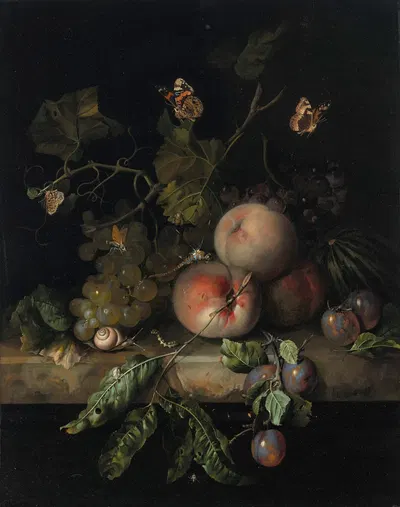 Peaches, grapes and plums with a dragonfly, snail, caterpillar, butterfly and other insects on a stone ledge by Rachel…