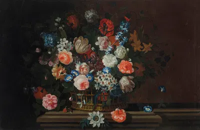 Flowers in a wicker basket on a stone ledge by Simon Hardimé — digital art print download